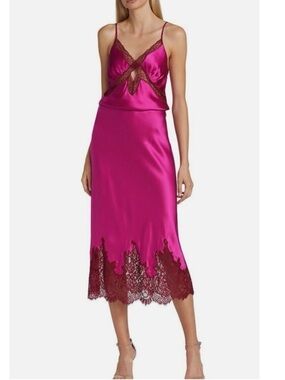 Cami NYC Fuchsia Satin Slip Skirt Set with Burgundy Lace Trim